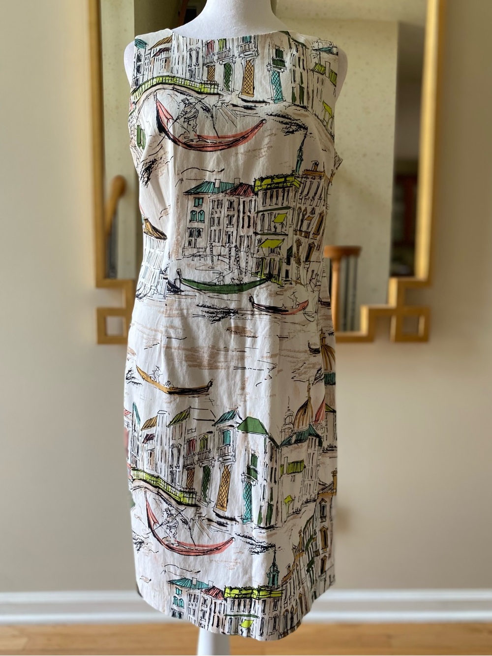 Chetta B Venetian Canal Gondola Print Sleeveless Shift Dress Size 8